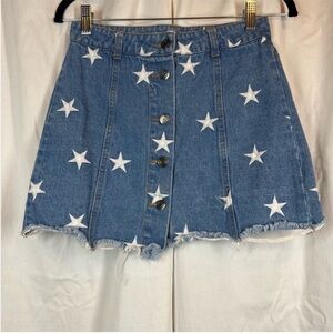 Sans souci all over star embroidered frayed hem denim mini skirt front button
